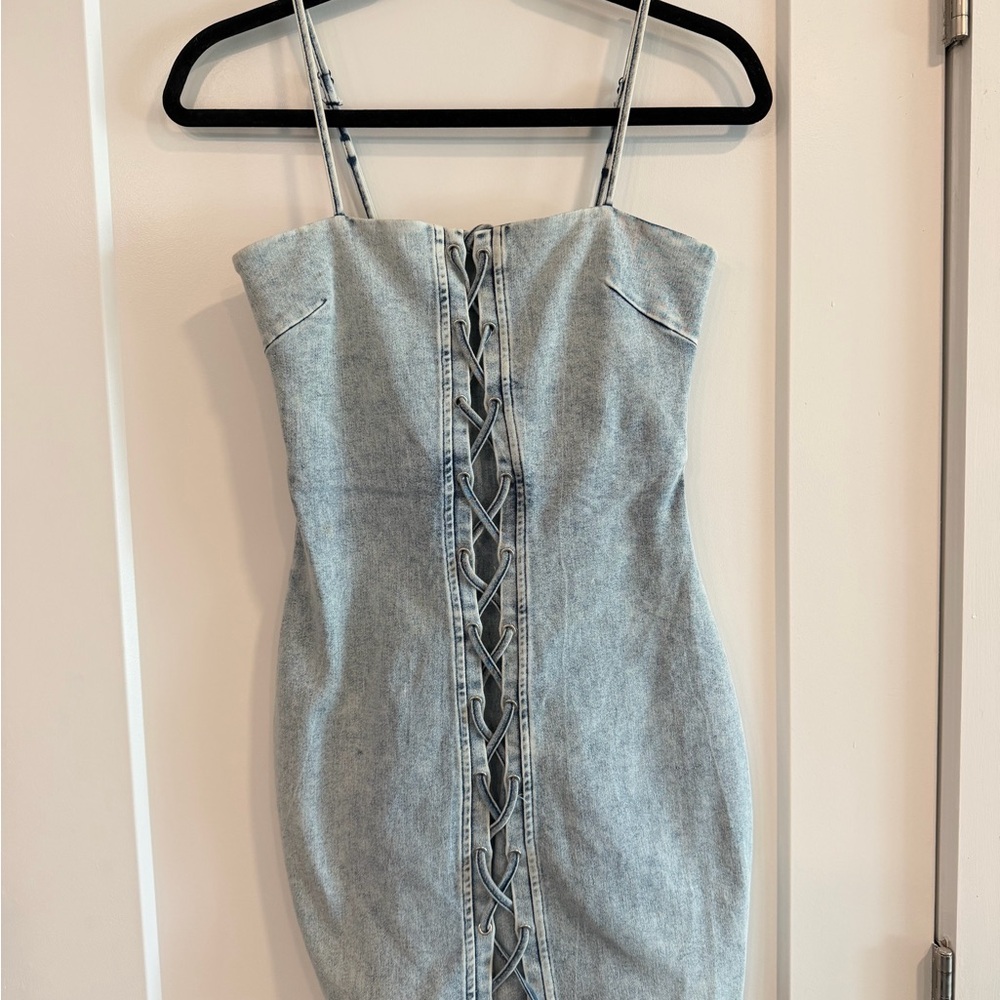 Selfie Leslie Denim Lace-Up Mini Dress